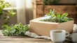 © Matthew - Fresh herbs on table with cardboard box and steaming cup, wooden backdrop, soft natural light