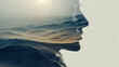 © Anton Popov - Surreal double exposure of human profile merged with desert landscape, symbolizing inner thoughts, mental health, emotional depth, isolation, introspection and subconscious mind in minimal style