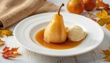 Pears in syrup with ice cream on white background