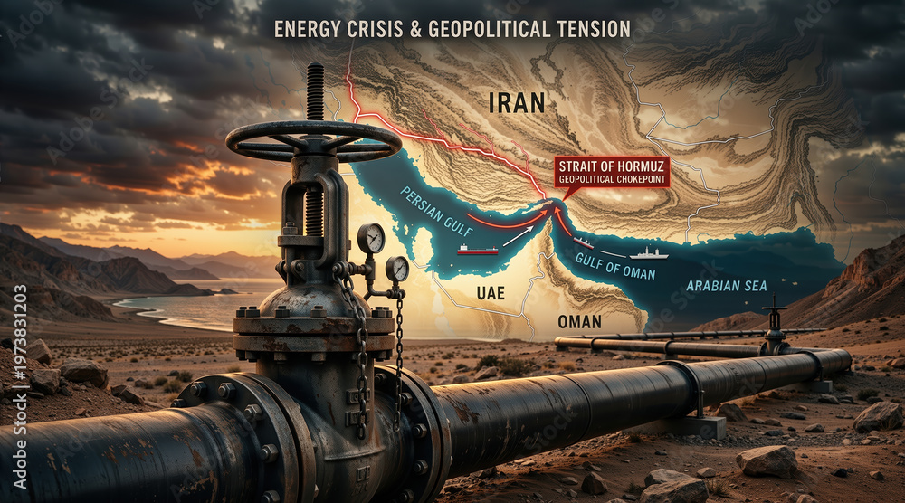 Oil pipeline valve with Strait of Hormuz and Iran map overlay. Energy ...