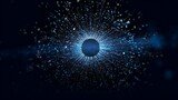Abstract representation of the human eye, with a dark blue backdrop. The image features a stylized rendition of an eye, with luminous particles radiating outwards