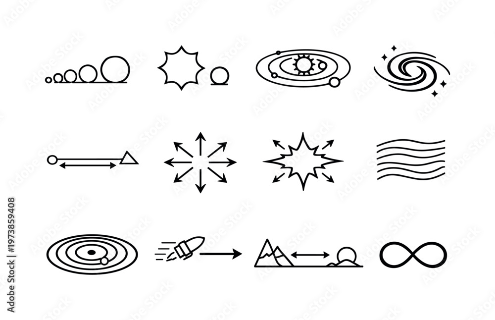 Astronomical Ruler Astronomical scale. Line icon set of Astronomical scale: planet size ...