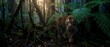 © Yuliia - Majestic tiger walking through dense tropical rainforest with sunlight filtering through lush green ferns and vegetation creating dramatic natural lighting.
