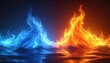 © Hmen - Llamas de fuego azul y naranja chocando en un fondo oscuro con reflejos sobre una superficie líquida representando la dualidad de los elementos.
