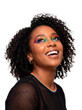 © Kleber - A portrait of a cheerful person with colorful makeup, looking upwards with a bright smile. The eye makeup incorporates rainbow colors, adding a vibrant touch