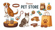 © NanzZ - A colorful vector illustration showcasing various items from a pet store, including a dog, cat, bed, food, toys, collar, and bag, presented in a cartoon style against a clean white