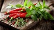 © Farah - Fresh red chili peppers and mint leaves on rustic wooden board