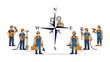 © Tahura - Construction Team Navigator: A unified construction team, each member representing a cardinal direction, gathers around a compass rose.