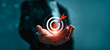 © Sutthiphong - Business goal achievement and strategic target success concept with glowing target icon and arrow in hand, representing precision planning, KPI performance, leadership strategy, successful business