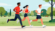 © beerman - Three people jog through a sunny park. They move with energy and focus. Trees and benches frame the scene. Lush grass and clear skies surround them. Ideal for fitness, wellness