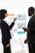© sofiko14 - A woman in a suit points to charts on a glass wall while a man listens intently during a business meeting