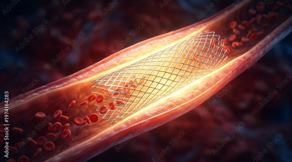 Blood flow through a human artery with a deployed stent and red blood ...