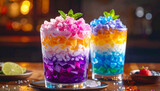 Colorful layered drinks with mint garnish