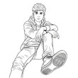 © Liberty - Young Man Sitting Relaxed in Hoodie and Jeans, Looking Confident