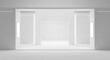 © Djemari - A minimalist, modern, and empty white architectural interior with symmetrical design and illuminated alcoves.