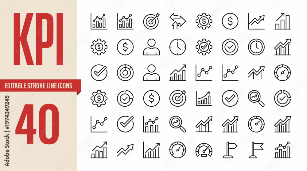KPI 40: A collection of business performance icons, charts, graphs, and ...