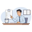 © Irem - Man sitting at desk pointing at to-do list with clock and papers