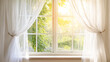 © Bonsales - Sunlit window with sheer white curtains, filtering warm light and revealing lush green nature outside