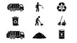 © bagcam - 'Waste Management and Recycling Icons Set - Garbage Truck, Trash Bin, Recycling Symbol, Cleaning Service, Waste Disposal, Sweep Vector Collection. Environmental Sanitation and Garbage Collection Symbo