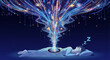 © Frandes Art Project - A person sleeps peacefully as vibrant dreamlike streams of light and color burst from their head.