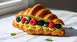 © tu - Delicious buttery flaky French croissant stuffed with rich gourmet pistachio cream filling topped with fresh seasonal berries and forest fruit served on a rustic plate for breakfast pastry snack