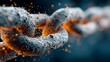 © LuDo - The original sentence: ‘Metal chain links with orange sparks on blue background. Strong connection, digital network security, or technology concept. Futuristic abstract energy