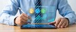 © NAPAARTMAX - Business data visualization action in modern office setting using tablet for interactive graphs and analysis professional environment with futuristic elements
