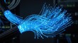 © rahmat - Glowing blue fiber optic cables representing high speed data transmission and network communication.