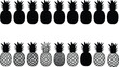 © MdRasel - Vector set of pineapple silhouettes and hand drawn fruit icons featuring various skin textures and tropical patterns for summer party invitations and organic branding.