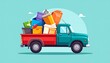 © awahidu - A cartoon-style illustration of a teal truck filled with various colorful items