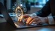 ©   - A person in a suit using a laptop with a digital scale icon and various legal symbols floating above the keyboard