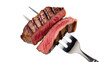 © Lukas - Juicy grilled beef steak slices on fork, isolated on transparent background