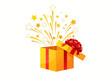 © firman - An orange gift box with a red bow opens releasing yellow starbursts against a white background