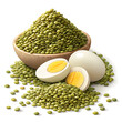 © Saiful - A wooden bowl filled with raw dried green mung beans alongside boiled egg halves on the table