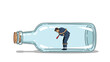 © Lima - Small businessman tied up with thick ropes and trapped inside a large horizontal glass bottle, representing feeling stuck or confined.