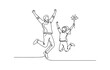 © shrabon2005 - Happy jumping celebrating illustration in continuous one line drawing. Happy person jumping high giving high five in one line draw.