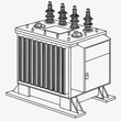 © md shuvo1122 - A detailed black and white line drawing depicts an electrical transformer with cylindrical bushings and a ribbed cooling system high quality professional