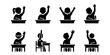 © Shakhawat - School students raising hands in classroom, set of 8 black silhouette icons of children sitting at desks, elementary education and learning vector