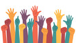 © Ayat 04 - Multi-colored silhouettes of human hands and clenched fists raised in unity on white background, concept for business collaboration, community diversity, social justice activism