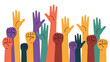 © Ayat 04 - Multi-colored silhouettes of human hands and clenched fists raised in unity on white background, concept for business collaboration, community diversity, social justice activism