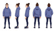 © Samira - Character design sheet showing a man in a purple hoodie and dark pants from various angles for animation or gaming.