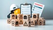 © PAVEL - Work safety concept. Wooden cube blocks with icon of safety at workplace. Safety first, protections, health, regulations and compliance. Working standard process. Zero accidents.