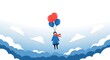 © florynstudio3 - A person floats in sky carried by balloons over fluffy clouds. Simple, colorful illustration
