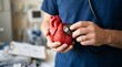 © AbstractZone - Doctor in blue scrubs holding red heart model with stethoscope in hospital setting for medical health concept