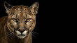 © NLGraphics - Mountain lion head portrait with intense golden eyes on a black background, featuring large copy space for design. Professional studio lighting on cougar face, high contrast animal photography