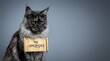© Yuliia - Maine Coon cat wearing no apologies sign around neck on gray background. Funny pet portrait with attitude message for social media and greeting cards.
