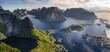 © Moritz Wolf/imageBROKER - Evening atmosphere, view from Reinebringen, Reinebriggen, to Hamnoy, Reine and the Reinefjord with Bergen, Moskenes, Moskenesöy, Lofoten, Norway