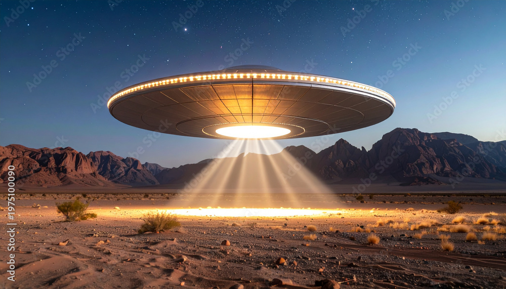Alien circular shiny metal flying saucer over the empty desert ...