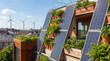© Food Shop - A rooftop garden with solar panels and wind turbines in the background on a sunny day with blue sky