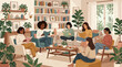 © Karina - A diverse group of female friends enjoy reading books together at a book club in a cozy living room. Concepts of hobby, community, education, and sisterhood. Flat illustration.